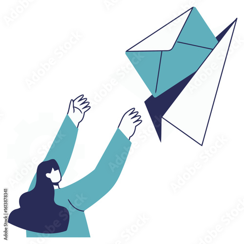 Excited individual launching innovative email campaign with soaring paper airplane, symbolizing communication success and business growth