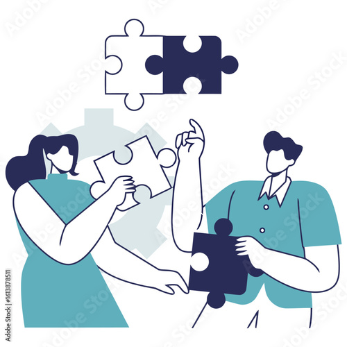 Collaborative teamwork assembling complex puzzle pieces demonstrating successful problem solving and strategic partnership in a modern business context