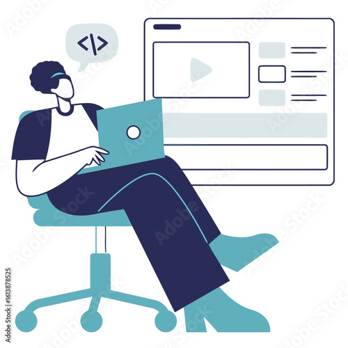 Modern coder expertly programming creative website design on laptop, thinking about digital solutions, immersed in technology development and online content creation.