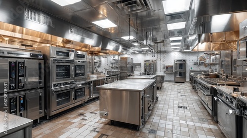 Spacious commercial kitchen, stainless steel appliances