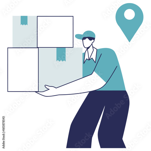 Reliable delivery person carrying stack of packages with location marker indicating successful drop-off, perfect for logistics and shipping services