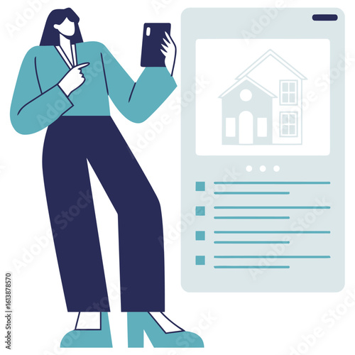 Confident professional woman showcasing property listings on a digital device, highlighting real estate opportunities and investment potential in a modern presentation