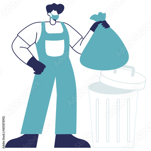 Dedicated sanitation worker in protective mask and gloves expertly disposes of trash bag into bin, embodying cleanliness and public health efforts.