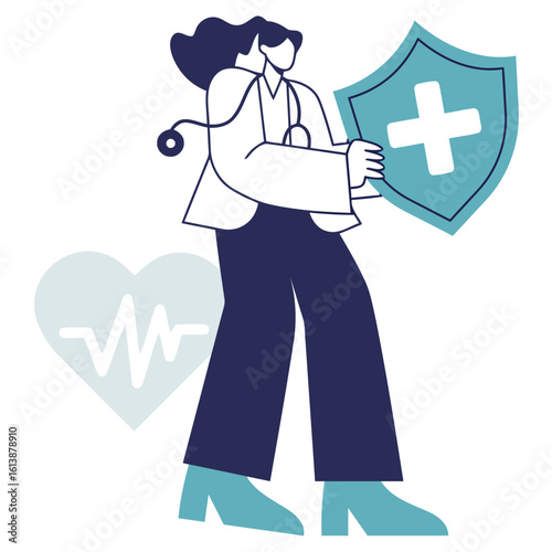 Empowered physician safeguards health with protective shield and heart monitor symbol, representing medical care and wellness assurance in modern healthcare.