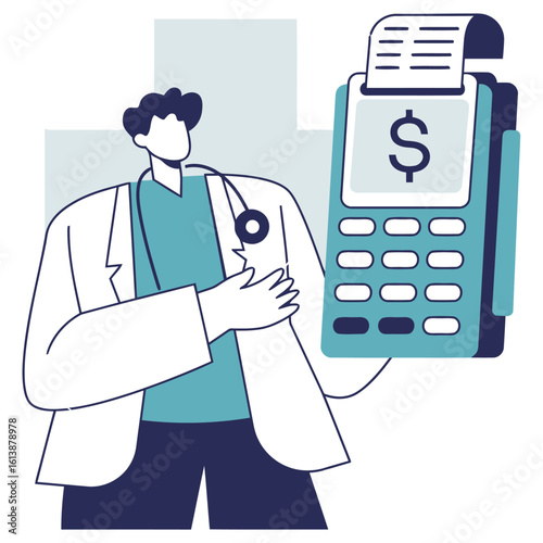 Modern doctor holding payment terminal with dollar sign for healthcare costs and medical billing transactions
