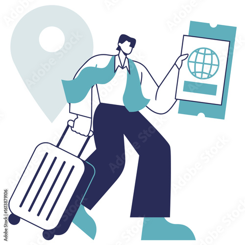 Confident traveler embarking on a global adventure holding passport and ticket, ready for exciting journeys with luggage and location pin nearby