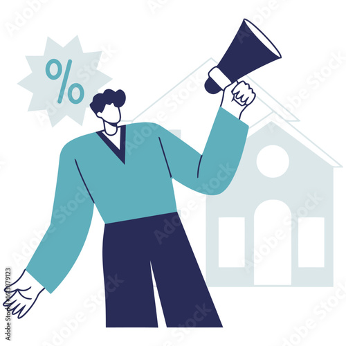 Enthusiastic individual announces real estate deals and special offers with a megaphone and percentage symbol near a house, perfect for promotions and marketing.