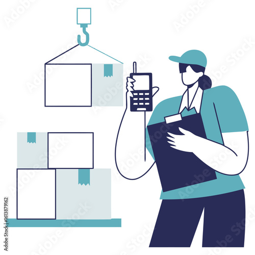 Warehouse worker expertly manages inventory and logistics using radio communication and clipboard for efficient supply chain operations and global distribution