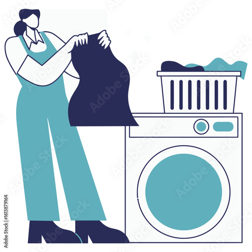 Woman diligently handles laundry next to modern washing machine and basket filled with clothes, symbolizing clean living and household chores.