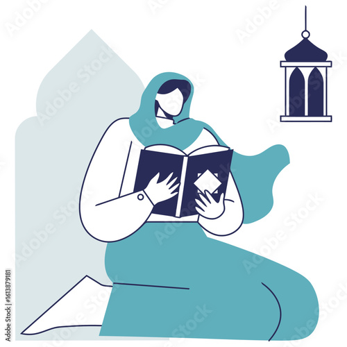 Devout Muslim woman peacefully reads sacred text, finding solace and spiritual connection during a serene moment, evoking faith and tradition