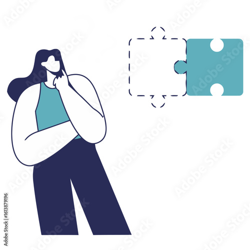 Thoughtful woman contemplating a puzzle piece, symbolizing problem-solving and decision-making for business strategy and creative solutions