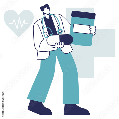 Dedicated doctor holds giant pill and medicine bottle, symbolizing health and pharmaceutical care with a heart monitor graphic nearby