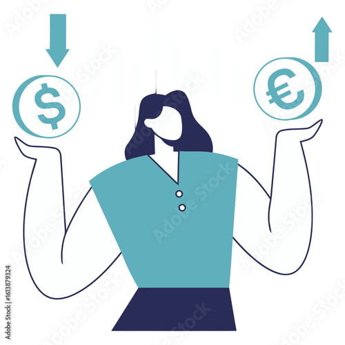 Dynamic financial professional balancing dollar and euro symbols amidst fluctuating stock market trends, representing global investment strategies and currency exchange.