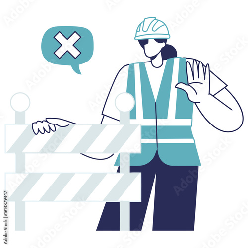 Safety first worker halts progress with stop gesture and prohibition symbol, ensuring secure operations and preventing unauthorized access.