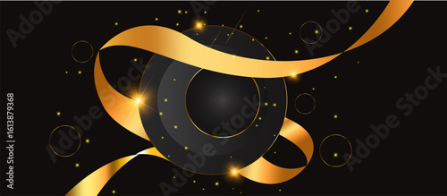 Elegant dark black background with swirling glossy golden-orange ribbons surrounding a recessed dark gray circle, accented by glowing golden specks and festive glitter effect