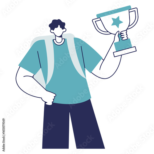 Young achiever proudly holding a championship trophy with a confident stance, celebrating a significant personal or professional victory with immense pride and accomplishment.