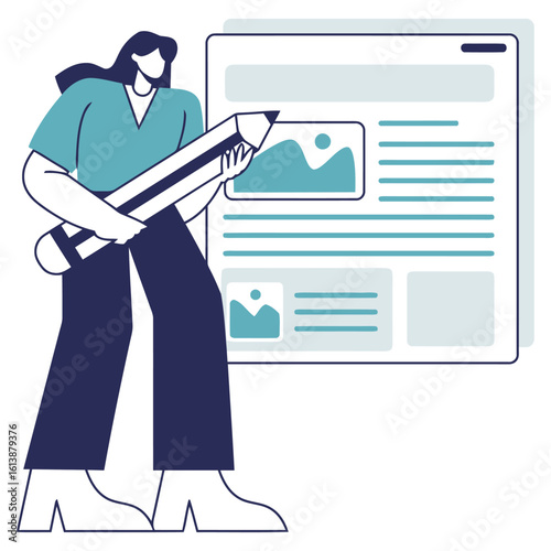 Creative professional designing engaging content with a large pencil, symbolizing content creation, planning, and digital media development for modern business