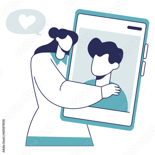 Loving connection through technology, a person embraces a digital portrait, expressing affection and care in a modern, heartfelt interaction.