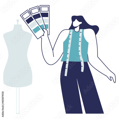 Fashion designer meticulously selecting color swatches near a dress form, envisioning innovative textile creation and style development for modern apparel.