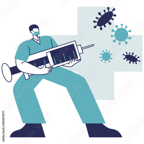 Dedicated healthcare professional armed with a large syringe bravely combats viral threats, embodying hope and scientific progress in the fight against illness