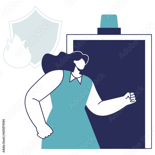 Woman confidently navigating emergency situation with fire safety shield and police light symbol