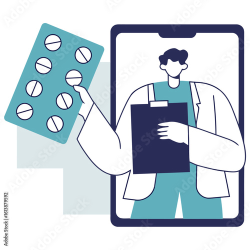 Doctor offering prescription pills via telehealth consultation, modern healthcare convenience and medical advice delivered digitally for patient well-being and remote care solutions.
