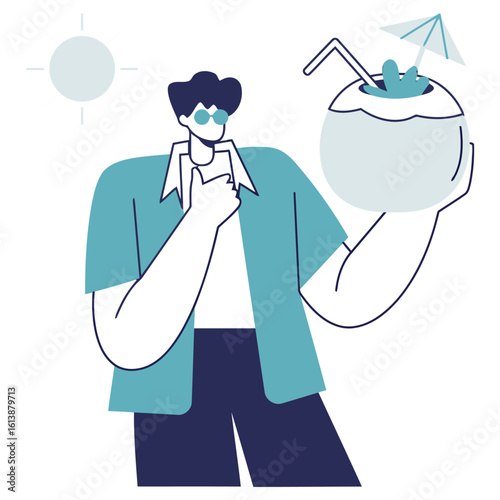 Man enjoying a refreshing coconut drink under the bright sun, embodying summer vacation bliss and tropical relaxation.