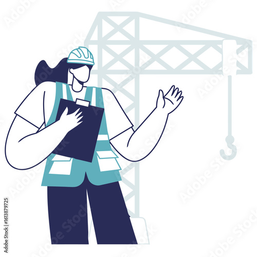 Confident female engineer supervising construction progress with clipboard near crane, showcasing industrial expertise and project management skills with a welcoming gesture