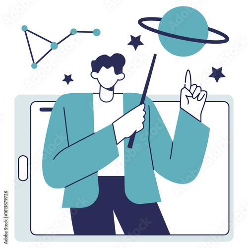 Engaging educator guiding students through celestial wonders and scientific concepts using digital tools and interactive presentations