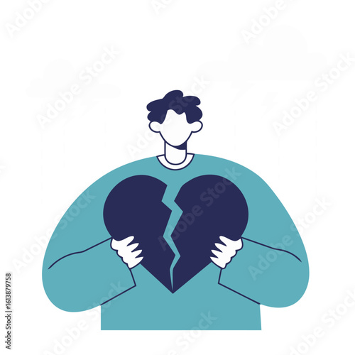 Heartbroken person holding shattered heart symbol amidst stormy weather conveying emotional distress and relationship breakdown, perfect for illustrating sadness and despair.