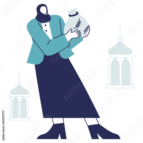 Empowered woman holds wealth bag, symbolizing prosperity and growth amidst decorative lanterns, representing celebration and investment opportunities for a brighter future.