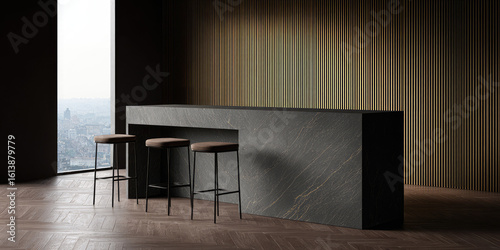 A sleek, modern kitchen counter with three stools is set in front of a large window with a city view. Minimalist interior design, contemporary style