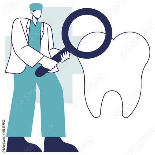 Professional dentist carefully examines large tooth with magnifying glass, promoting oral health and dental care concepts with modern flat illustration style.