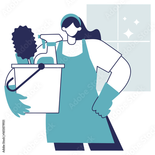 Diligent cleaner carrying bucket with supplies ready to sparkle any space, promoting hygiene and pristine environments with professional care and efficient service.