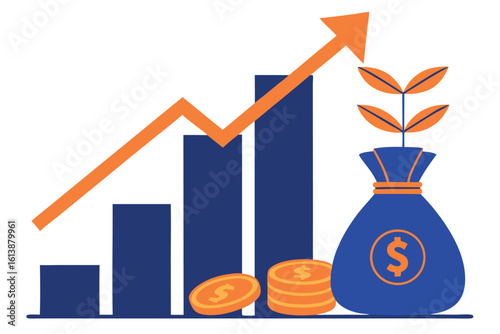 An upward orange arrow above dark blue bars ends near a moneybag with sprout
