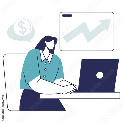 Confident professional analyzes financial growth charts and dollar symbols on laptop, visualizing successful business strategy and profit.
