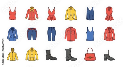 Collection of colorful women s clothing and accessories displayed as stylized flat illustrations silhouette