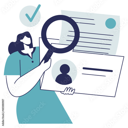 Professional woman meticulously reviewing resume details with a magnifying glass, signifying thorough candidate evaluation and hiring success