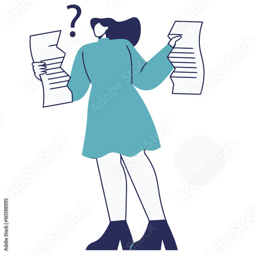 Confused businesswoman holding documents with a question mark above her head and a red cross symbol nearby symbolizing error or failure