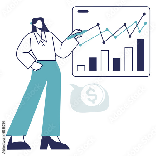 Confident businesswoman presenting financial growth analysis with data charts and dollar symbol, showcasing successful investment strategy and business prosperity
