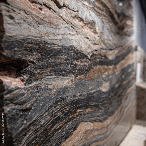 Close-up view of a slab of dark-hued stone with intricate layers