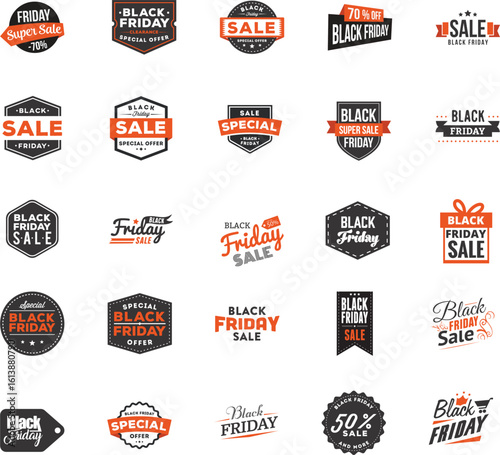 set of discount labels, badges related to Black Friday sales and promotions