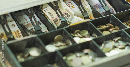 Currency in rubles fills a cash register drawer with organized notes and coins during a transaction at a retail checkout The setting reflects a typical shopping environment
