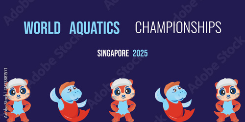 World Aquatics championships banner template design. Vector illustration otter and dugong Frame and typography text. Perfect World competition banner background placard layout. EPS 10