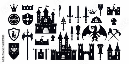 A collection of black silhouette icons themed around medieval fantasy and legend