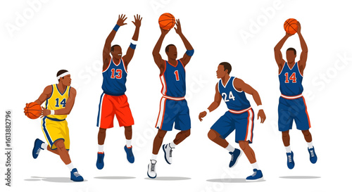 
flat style illustration set of basketball players in various dynamic action poses like shooting, dribbling, and defending, capturing the energy of the court