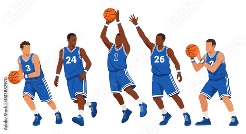 
flat style illustration set of basketball players in various dynamic action poses like shooting, dribbling, and defending, capturing the energy of the court