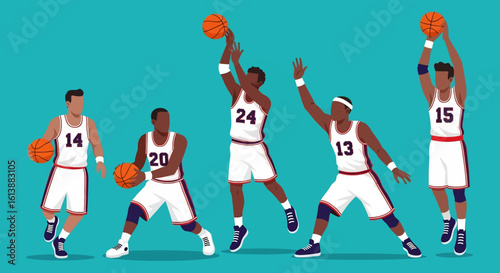 
flat style illustration set of basketball players in various dynamic action poses like shooting, dribbling, and defending, capturing the energy of the court