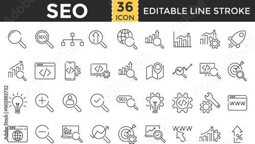 SEO and Search Engine Optimization Line Icon Set. Pixel perfect and Outline Editable Stroke Icons collection for Ranking, Keyword, website, Traffic, Analysis, growth and Digital Marketing
