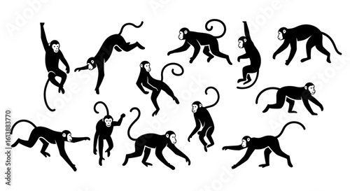 Collection of stylized black monkey silhouettes in various dynamic poses, showcasing playful movement and agile forms.